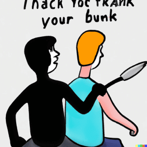 A catoon of a friend pretending to get your back, but is actually pointing a knife at you